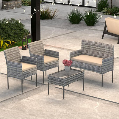 4-Piece Outdoor Rattan Patio Set With 2 Armchairs, Loveseat, Waterproof Cushions & Tempered Glass Table For Backyard, Balcony, Garden All-Weather Conv