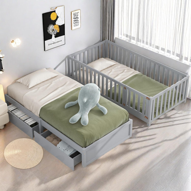 Twin Size Wood Daybed with Fence Guardrails and Drawers, Gray
