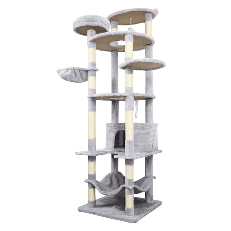 Arbre à chat gris Cy13 - Support avec lattes et base élargie, poteaux couverts pour l'entretien des griffes, 3 condos spacieux pour faire la sieste, 2 perchoirs de repos, boules de jeu Jinging, assemblage rapide et facile, base 4 chats