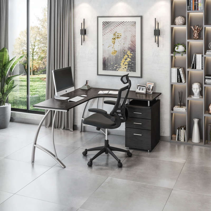 Bureau d'ordinateur moderne en L avec classeur et rangement