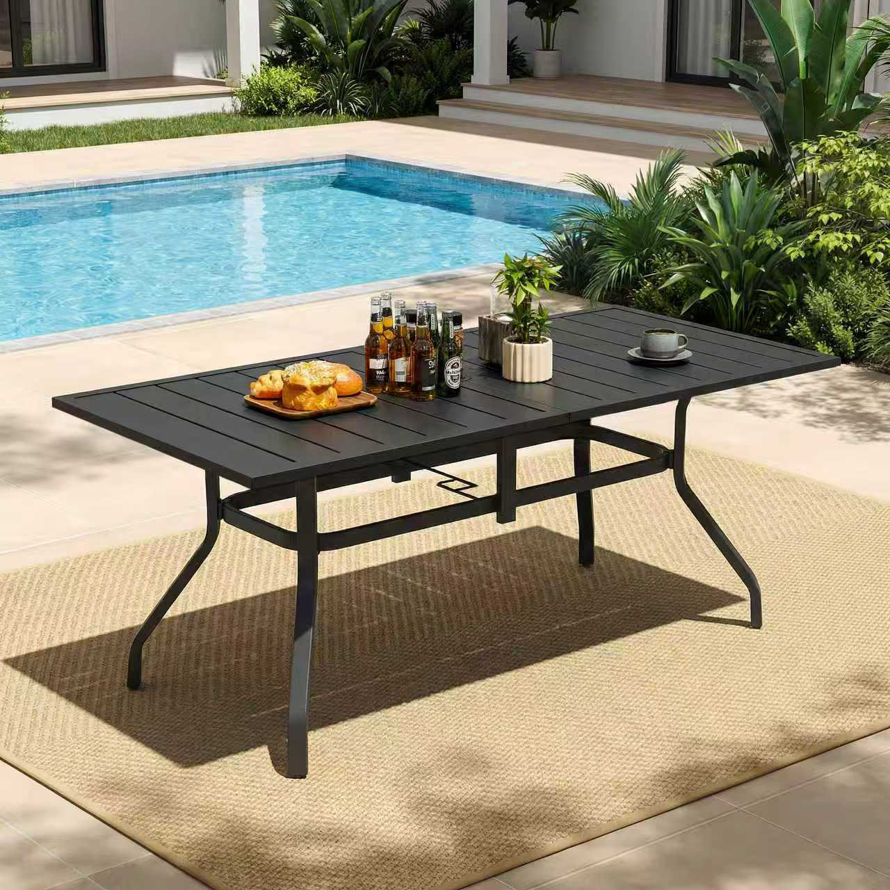 black rectangle patio table with umbrella hole SUNCROWN 60"x37" Outdoor Dining Metal Steel Slat Rectangular Bistro Table for Porch Deck Garden Backyard Poolside, 1.57" : Patio, Lawn & Garden and the double umbrella hole design can fix the umbrella into position Mesh 79" Rectangle Dining Umbrella