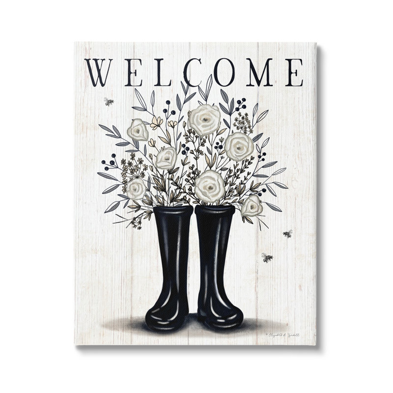 Welcome, roses blanches, jardinage, Toile, H 20 po x l 16 po x P 1,5 po