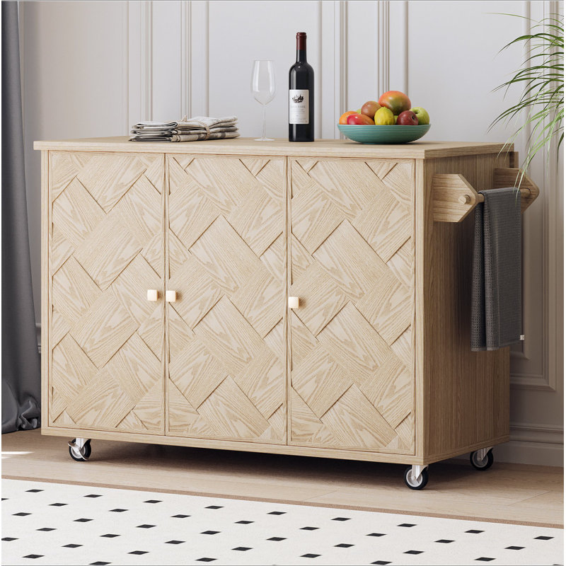 Îlot de cuisine en bois de frêne plaqué de frêne de 51,2 po de largeur (papier pas cher) avec abattant, îlot de cuisine sur roulettes avec support de rangement interne et chariot de cuisine