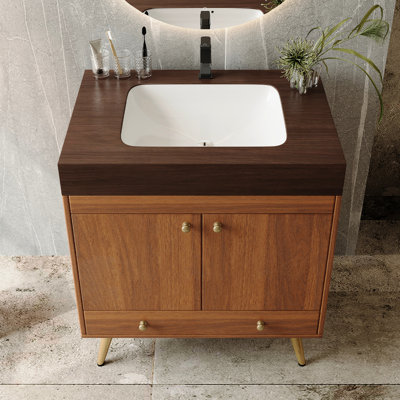 - Meuble-lavabo de style salle de bain avec surface en faux marbre, lavabo en céramique brillante, contreplaqué imperméable et base en acier inoxydable doré pour les petites salles de bain, comptoir, lavabo, rangement à double porte,