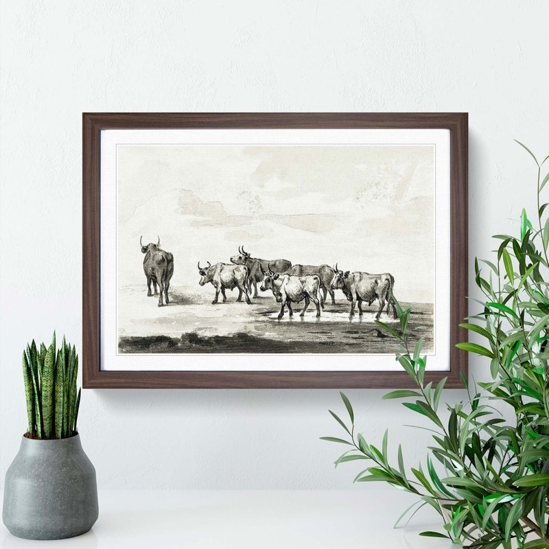 Herd of Bulls by Jean Bernard - Picture Frame Drawing Print, 48cm H x 65cm W x 2cm D, Walnut Framed
