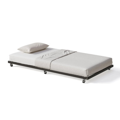 Twin Size Metal Roll Out Trundle Bed Frame with Wheels and Slats Support, Black