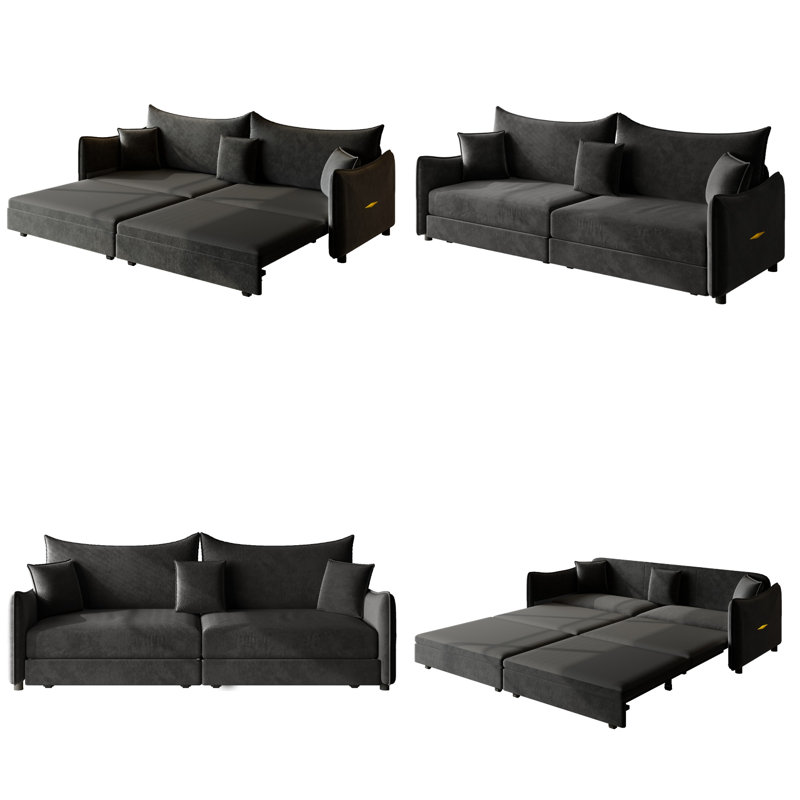 81.9" King Pull Out Sofa Bed, 3-in-1 Convertible Velvet Couch with Golden Metal Accents & 3 Pillows, Modern 3-Seater Sleeper Sofa with Reinforced Frame for Living Room