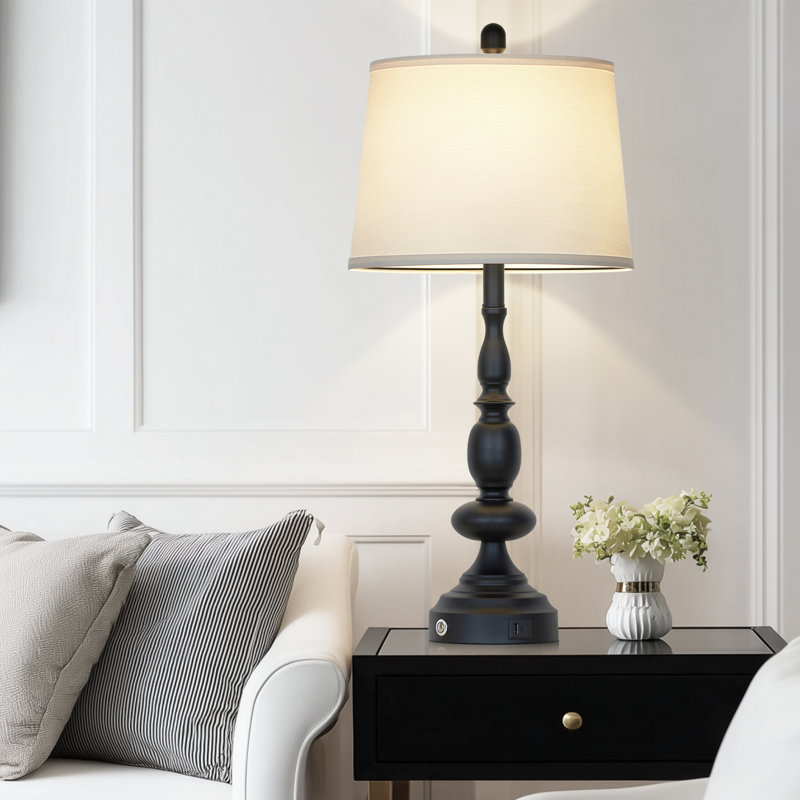 29” Modern Dimmable Bedside Table Lamps with Dual USB Ports & LED Bulbs, Black