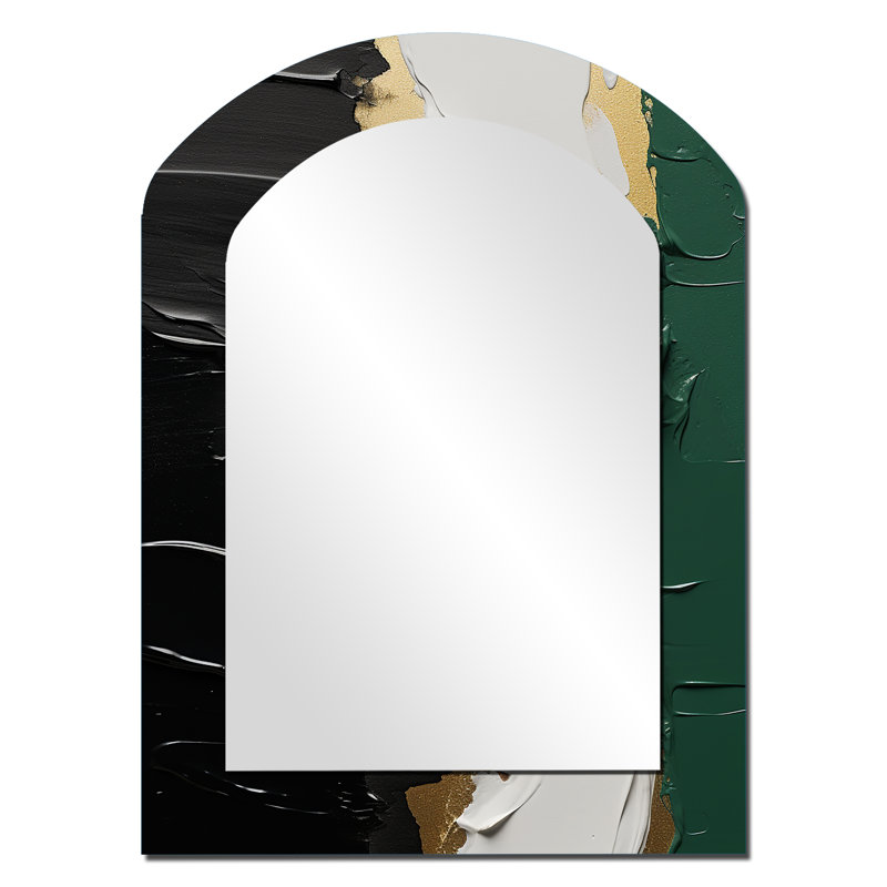 Or vert et encre noire fusion IV - peinture abstraite arche miroir décoratif, grand miroir mural asymétrique moderne, art imprimé en métal