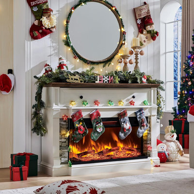 Meuble télé avec foyer électrique, blanc antique - Console de ferme en verre à 3 côtés avec foyer de 52 po et rangement pour téléviseur de 65 po ou moins