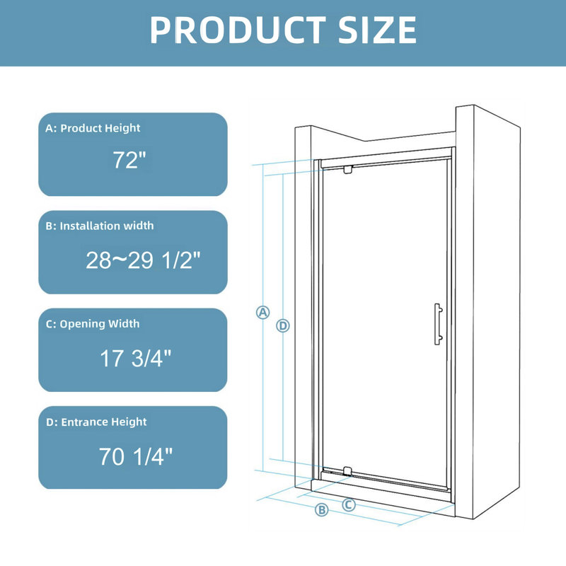 28 po - 29,5 po X P 72 po Porte de douche réversible à cadre pivotant en H avec verre trempé nano-enduit, chrome