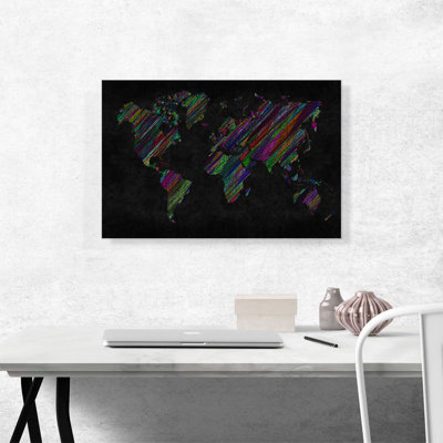 «Black Colorful World Map», reproduction d'art sur toile tendue