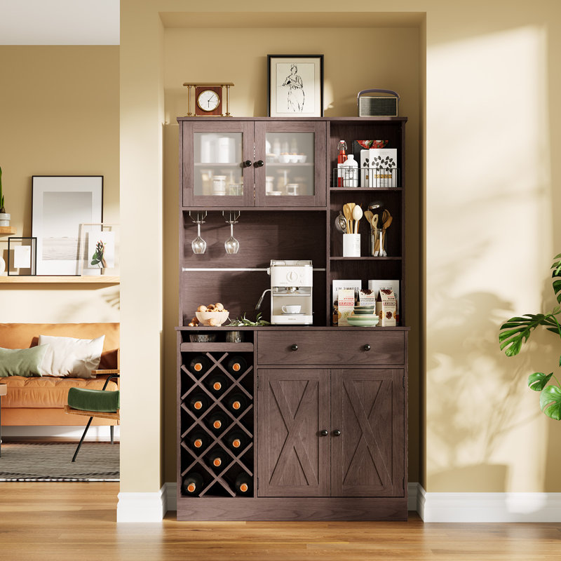Coffee Bar Cabinet with Power Outlet & Exquisite Barn Doors, Sideboard Buffet Cabinet with Wine Bottle Rack, Storage Cabinet for Kitchen, Dining Room