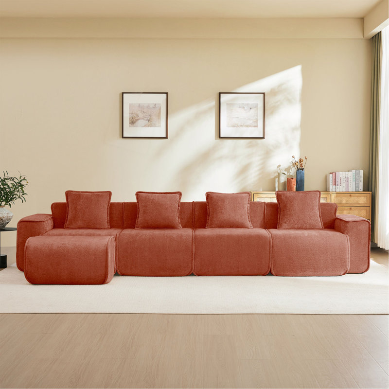 Canapé modulaire en L à 4 places avec passepoil à bordure française, sans assemblage requis, canapé à 4 places avec coussins décoratifs et 1 repose-pieds mobile, tissu de velours