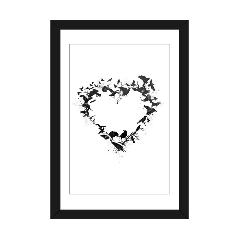 « oiseau cœur », impression sur toile tendue, H 32 po x l 24 po x P 1 po, Papier d'art encadré noir, Blanc