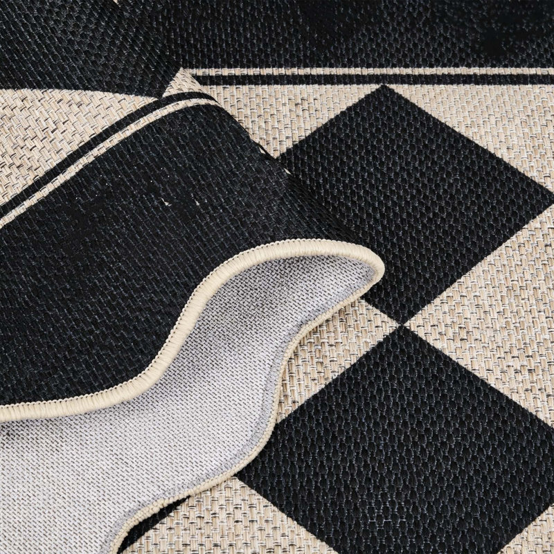 Tapis intérieur/extérieur à carreaux festonné, Noir blanc, 3 x 5 pi