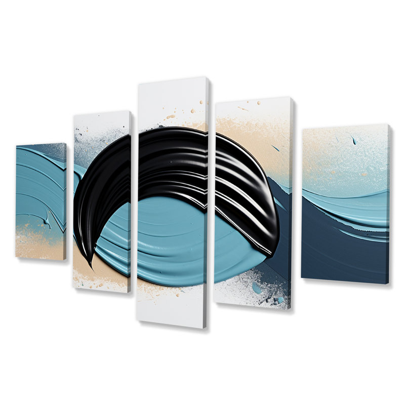 «Shadow Balance Blue and Black - Abstract Modern Waves», ensemble d'art mural 5 pièces, H 32 po x l 60 po