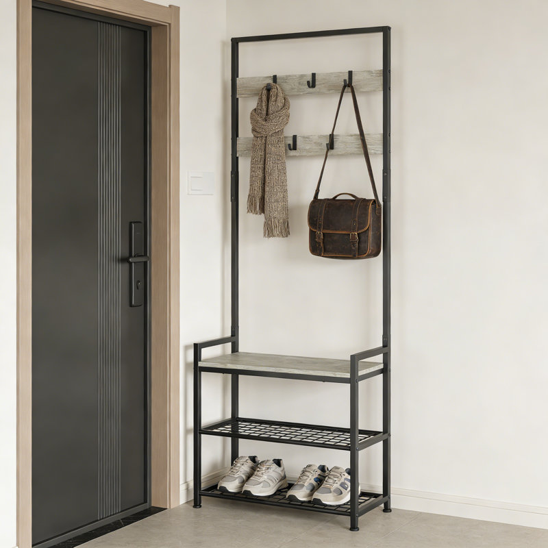 Arbre d'entrée avec banc de rangement pour chaussures et portemanteau - organisateur d'entrée 3 en 1 pour couloir, vestibule et petits espaces