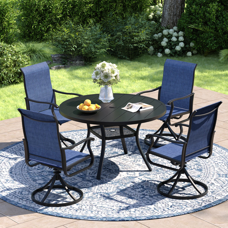 4-Person Patio Dining Set with Round Metal Dining Table and 4 PVC-coated polyester Swivel  Chairs, Black/Navy