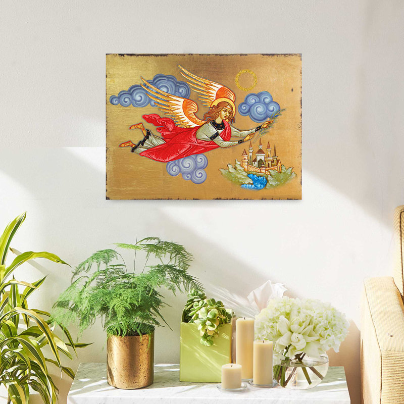 Icône d'ange volant - peinture sur bois, H 9 po x l 12 po