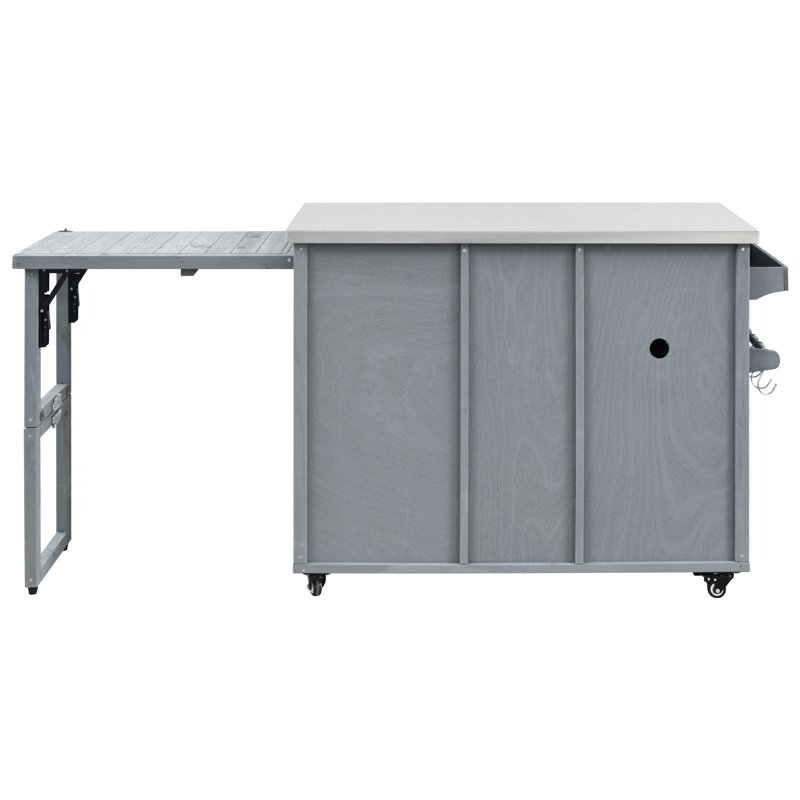 78.3" Outdoor Kitchen Island With Foldable Grill Table, Wooden Cart With Trash Can Storage, Stainless Steel Top, Gray