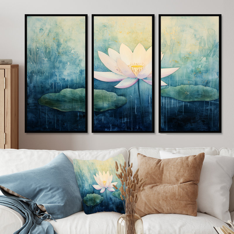 Addix - lot d'art mural lotus, Reproduction avec cadre flottant, Noir, H 28 po x l 36 po
