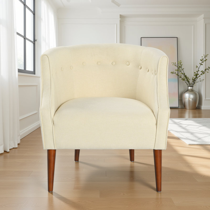 Fauteuil club rembourré en tissu avec pieds en bois de bouleau, fauteuil d'appoint avec dossier capitonné, Beige