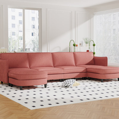 Tissu rouge 141,5 po à 6 places avec ressorts ensachés amovibles et support stable en forme de U - Matériau de rangement pour les accoudoirs