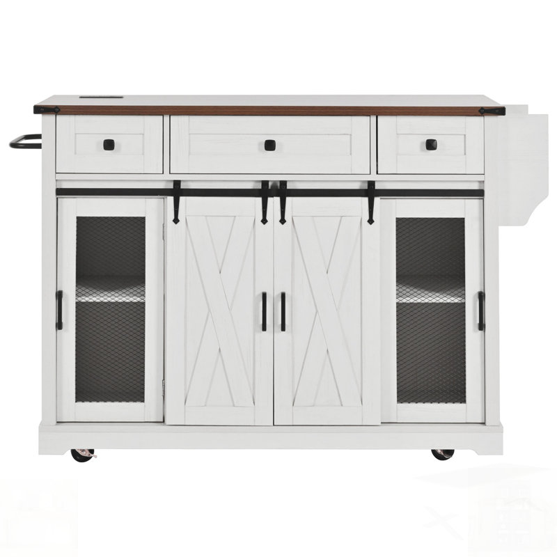 Îlot de cuisine de ferme polyvalent avec rangement, porte de grange coulissante, côté grille métallique et abattant, parfait pour les cuisines modernes et rustiques.