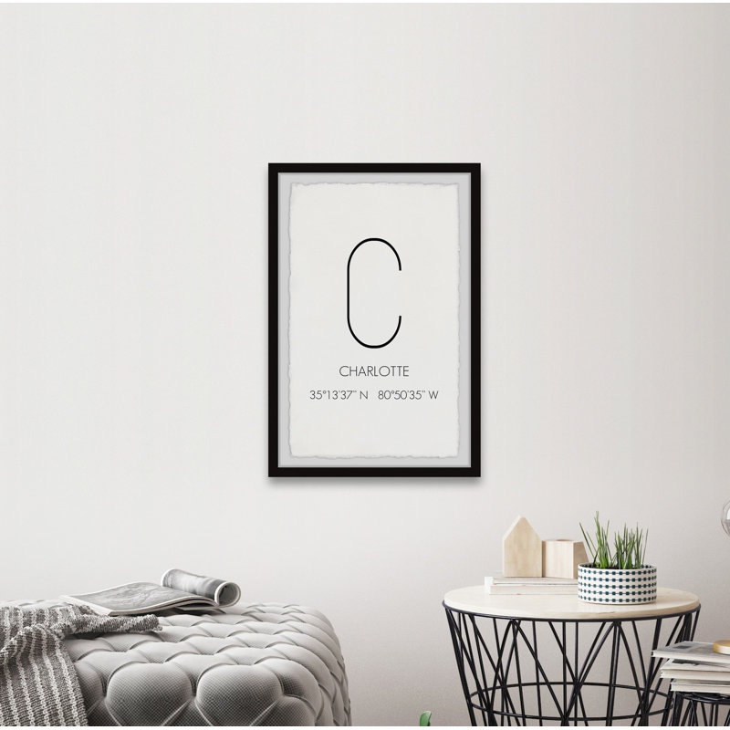 Charlotte NC Coordates - Reproduction d'art textuel sur papier encadré, H 12 po x l 8 po x P 1,5 po