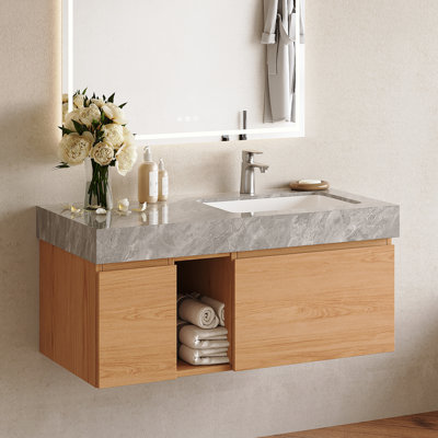 Meuble-lavabo 36 po en noyer avec lavabo, meuble-lavabo simple en bois moderne avec rangement, meuble de salle de bain de conception minimaliste avec drain