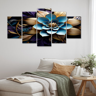 «Blue Lotus Flower Golden Leaves» - art mural floral moderne sur toile 5 pièces