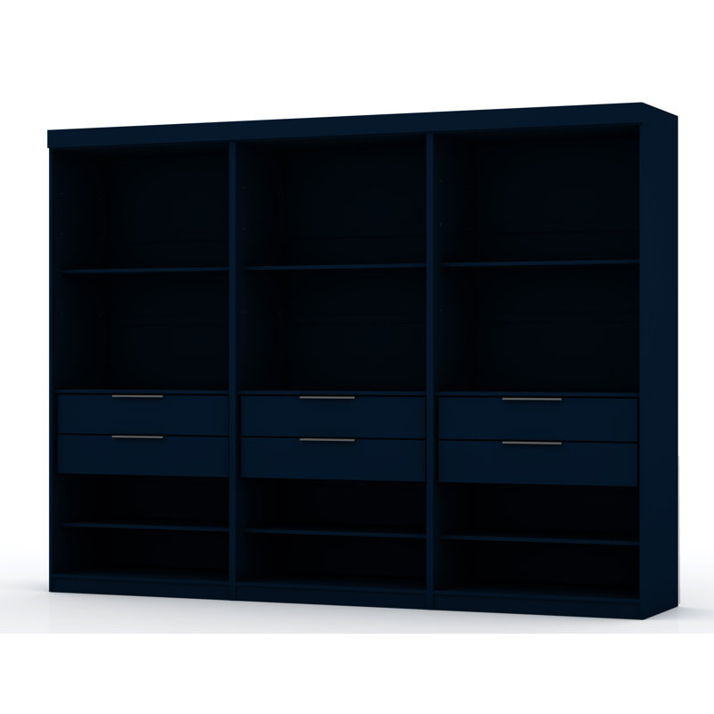 Mulberry Contemporary Modern Open Wardrobe Closet with Drawers and Adjustable Shelves in Midnight Blue, Tatiana Midnight Blue