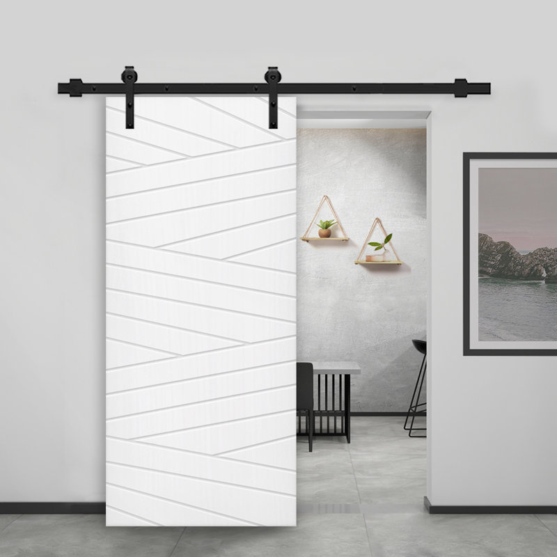 Porte de grange à panneaux et en bois manufacturé avec quincaillerie d'installation, 36 po x 80 po, Blanc, Noir mat