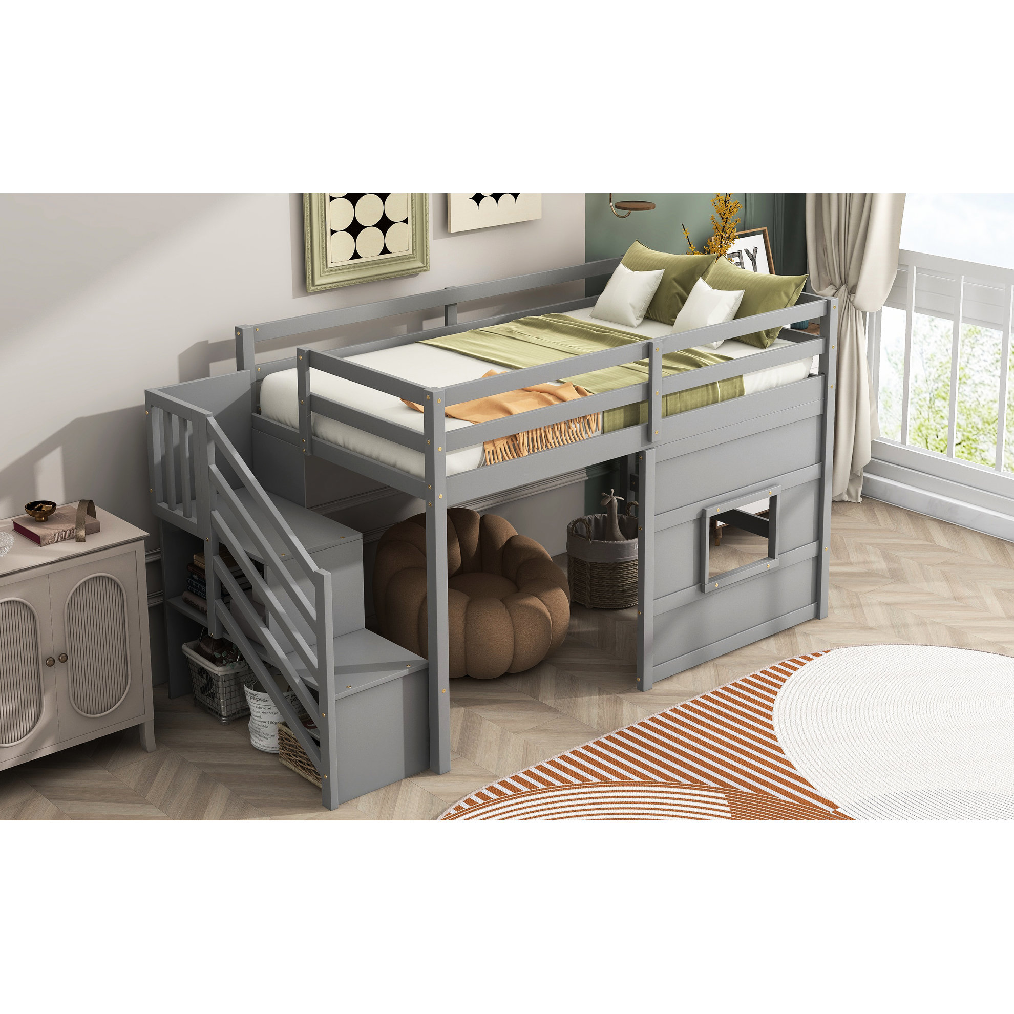 Latitude Run® Twin Size Loft Bed With Window And Storage Staircase ...