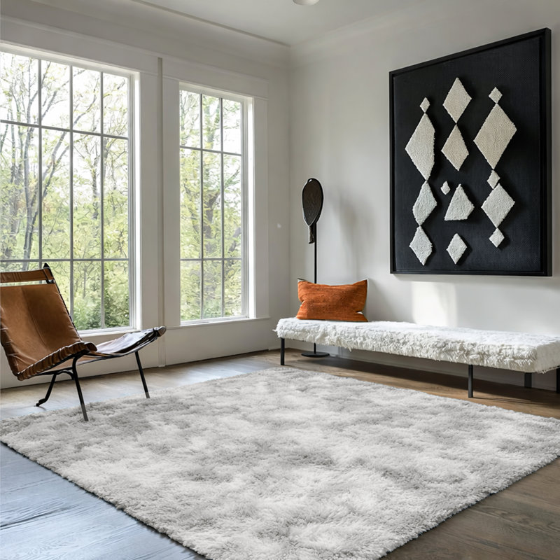 Soft Fluffy Living Room Large Area Rug, Tye Dye Light Grey, Rectangle 200 x 290 cm