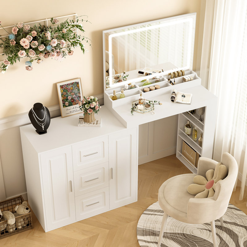 Bureau de meuble-lavabo avec 3 lumières colorées, miroir de 59 po, tiroirs blancs, 2 armoires, bureau de maquillage pour espace de chambre organisé, tiroirs à miroir et look élégant