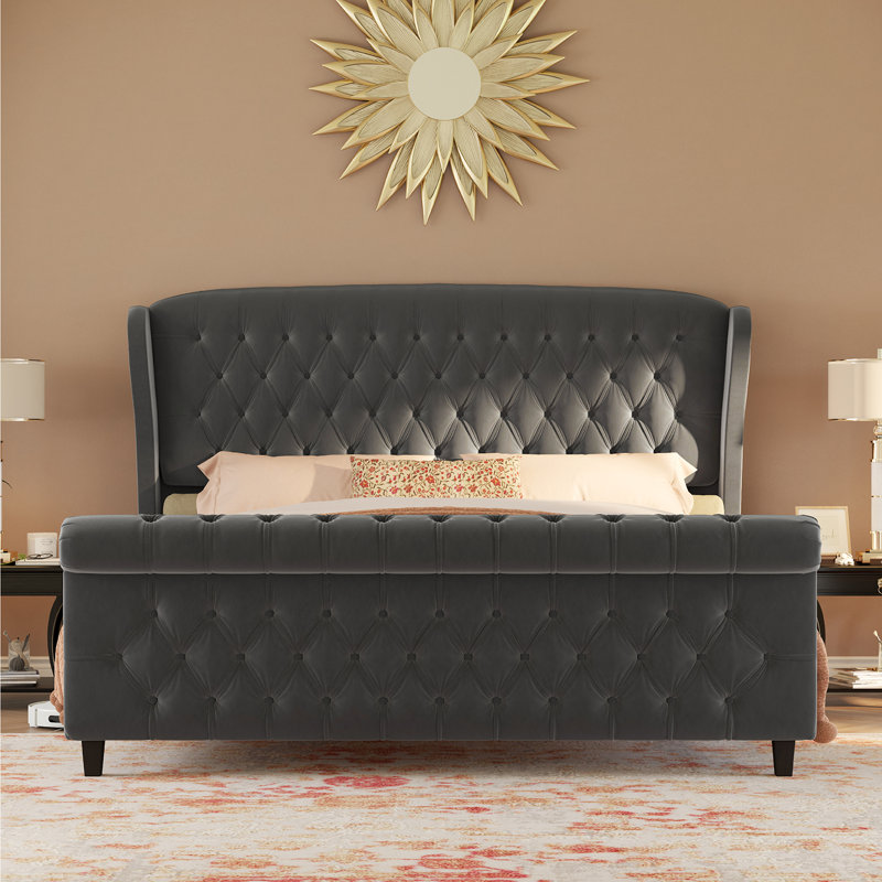 Gray Velvet Queen Platform Bed with Tufted Headboard and Footboard