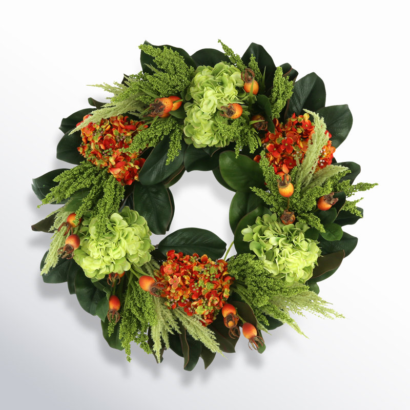 28" Fall Wreath with Hydrangeas and Magnolia Leaves