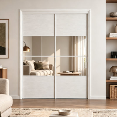 White Wood-Grain Sliding Closet Door, 4-Panel Design with Track & Hardware Included