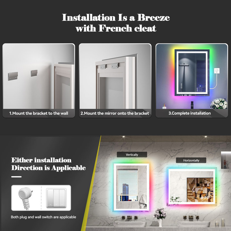 Lunara UL Certified Frameless Dual Lighting RGB Backlit & LED Frontlit Bathroom Vanity Mirror, Temper Glass, Smart Anti-fog