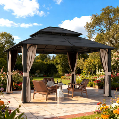12 x 14ft Hardtop Outdoor Gazebo With Double-layer Roof, Patio Gazebo With Powder-coated Metal Frame, Mosquito Netting & Privacy Curtains–perfect For Patio, Garden & Backyard
