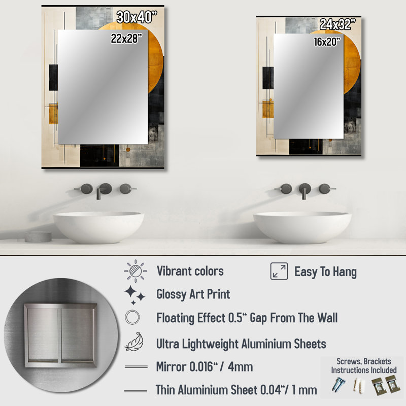 Cerulean Cubism Shapes II - Abstract Shapes Wall Mirror, Gold Decorative Mirror, Printed Metal Art, 40" x 30"