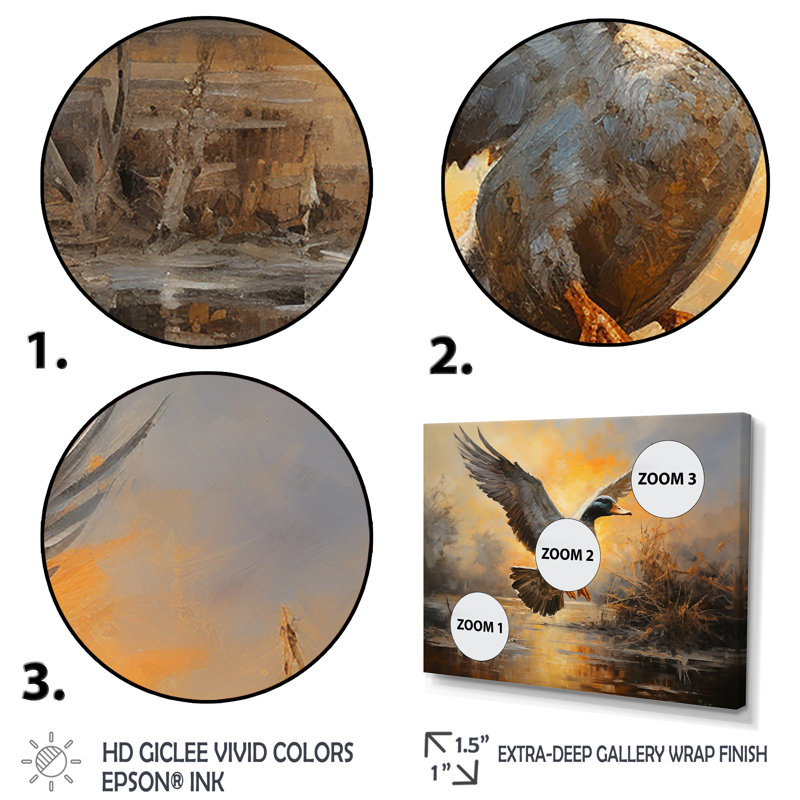 «Vintage Duck Flight at the pond II» - art mural canard, Cadre flottant brun, H 12 po x l 20 po x P 1 po