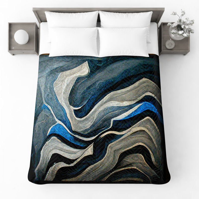 Blue Gray Abstract Waves Quilted Bedspread , Full / Double