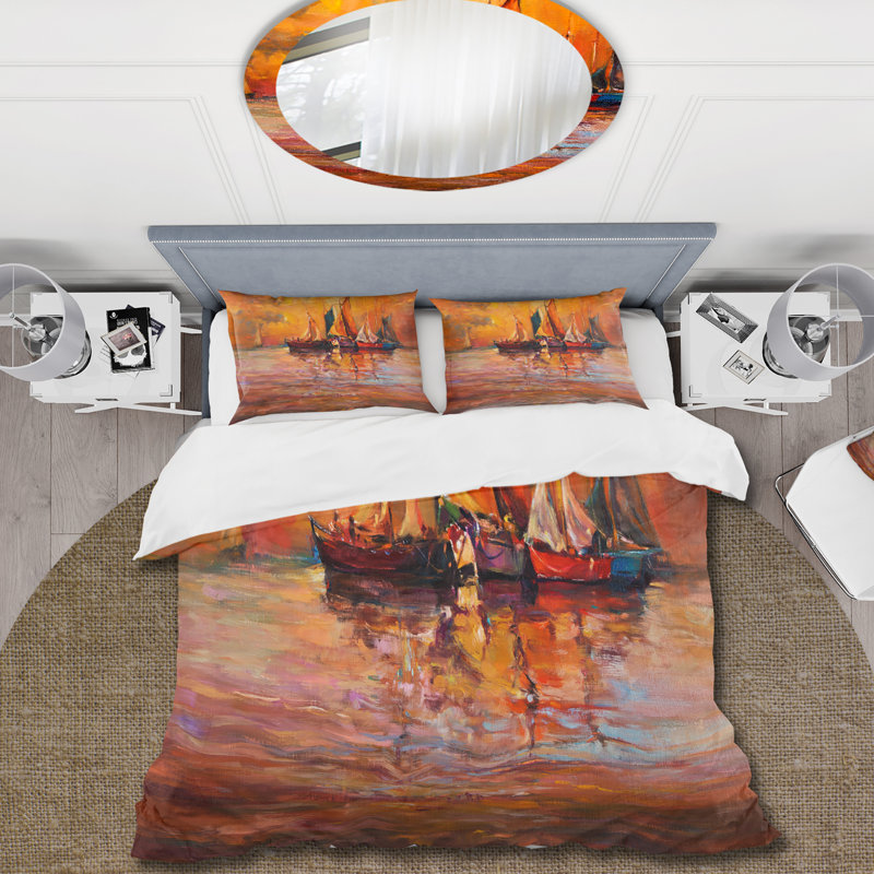 Bateaux sur l'océan pendant le coucher du soleil I - Ensemble de housse de couette nautique - Microfibre de polyester