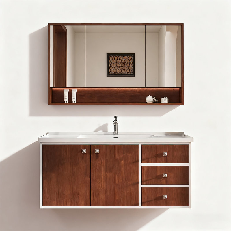 Meuble-lavabo en bois d'hévéa de style Bauhaus avec finition brune et lavabo en céramique