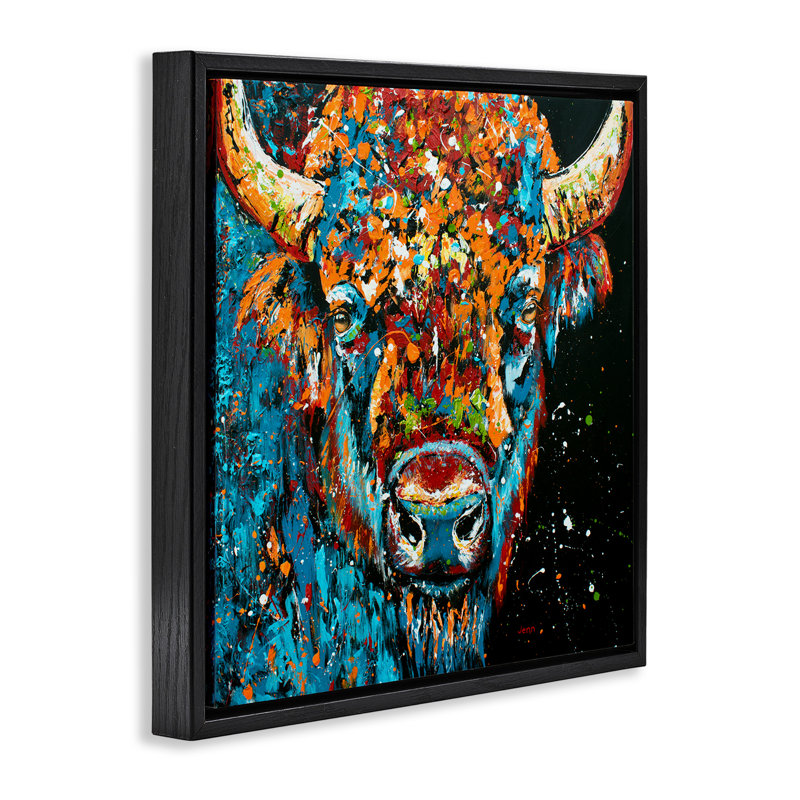 Bison moderne avec éclaboussures de peinture, Cadre flottant noir de jais, H 25 po x l 25 po