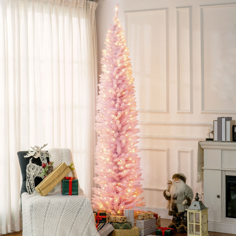 Arbre de Noël 8 pi, arbre de Noël artificiel mince avec branches réalistes et lumières DEL blanc chaud, rose, H 8 pi, Rose