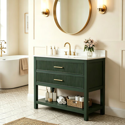 36" Fully Assembled Single Bathroom Vanity With Artificial Marble Top, Green